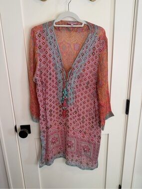 Calypso St. Barth Peach and Teal Embroidered Paisley Top